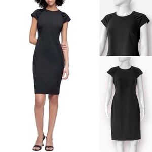 CALVIN KLEIN Black Sheath Dress Pleated Cap Short Sleeve Stretch Back Zipper